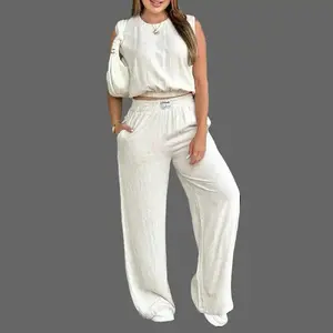 NEW Women's 2-Piece Solid Color Tank Top & Wide Leg Pants Set, Casual Fashion Breathable Elastic Outfit for Daily Outdoor Wear, Ladies Clothes for Summer, Minimalist, Trouser Gamis Suits