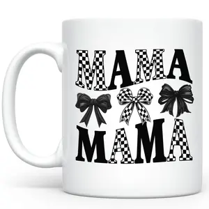 Black Coquette Bow Mama Ceramic Mug, Checkered Mama Coffee Mug, Checkered Black Coquette Mom Ceramic Mug, Gift For Mom, Mother's Day Gift
