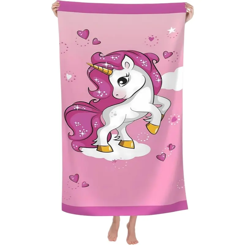 Cute Pink Cartoon Unicorn Beach Towel, Sparkly Heart Star Cloud Print Quick Dry Sand Free Pool Towel, Soft Pink Gradient Kids Summer Bath Towel Gift