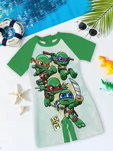 Boys' one-piece swimsuit "Chibi Ninja Turtles Team Edition" features all-over print of the four Chibi Ninja Turtles plus raglan green sleeves, cute and cool with sun protection, eye-catching for summer water play / beach vacations