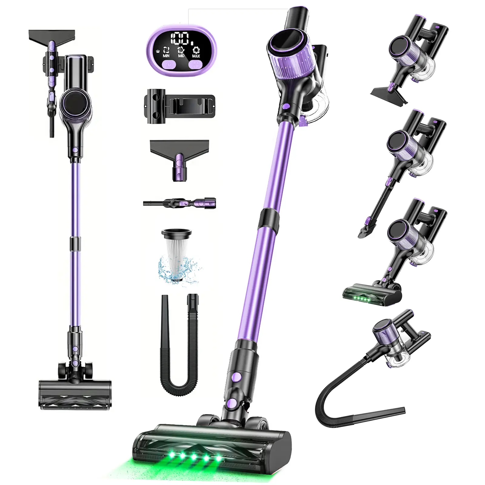 VICEASE Vacuum Cleaner, 3 Power Modes, Anti-Tangle Brush & Green LED, 10-in-1 Cordless Vacuum for Hard Floor/Carpet/Pet Hair/Car/Dryer summerwins,