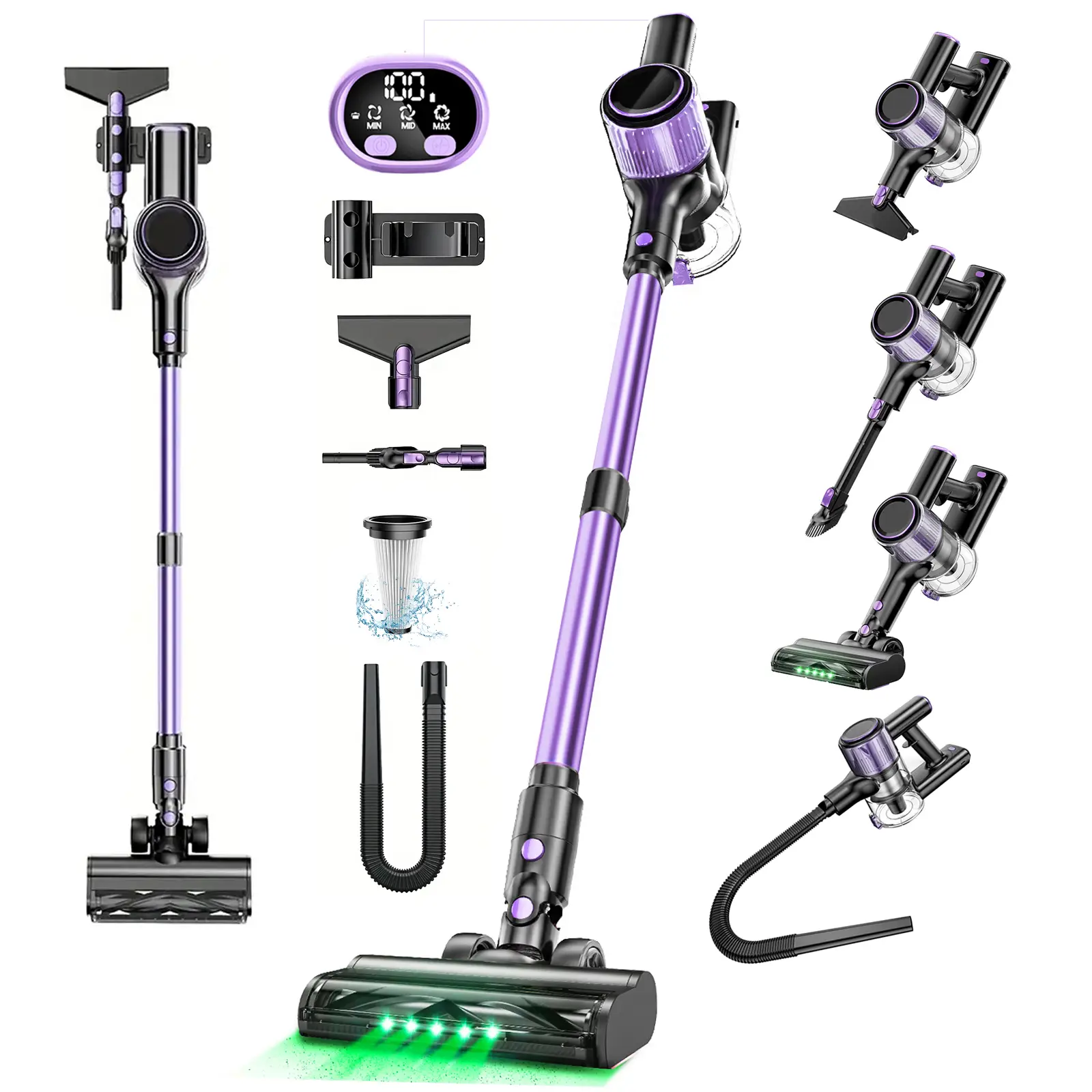 VICEASE Vacuum Cleaner Pro, 3 Power Modes, Anti-Tangle Brush & Green LED, 10-in-1 Cordless Vacuum for Hard Floor/Carpet/Pet Hair/Car/Dryer