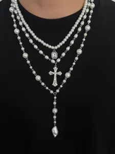 Vintage Multi-Layer Imitation Pearl Beaded Necklace Set, Luxurious Fashion Accessory for All Seasons, Street Style Jewelry