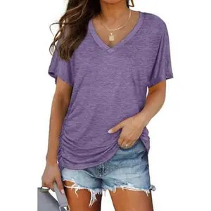 Womens Short Sleeve V Neck Dolman Tops with Side Shirring Loose Fit Shirts Chic Womenswear Basic Minimalist Shortsleeve