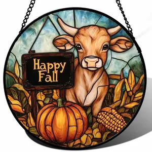 Autumn Landscape Calf Pumpkin Stained Glass Suncatcher Window Hanging, Fall Decor Gift for Women, Men, Mom, Nana