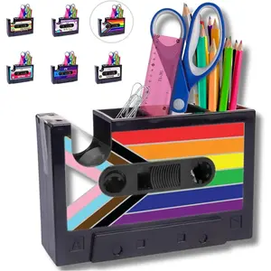 Cassette Tape Dispenser, Retro Desk Organizer & Pen Holder - Fun Novelty Office Supplies for  or Office 6.7" x 2" x 4.5" (Progress Pride Flag)