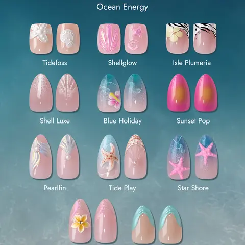 BTArtbox Cute Fashion Gel Nail Tips Kit - Ocean Energy Short Square/Almond Opaque Soft Gel Set for Women, 16 Multi-Sizes, 32 Stick-On Nails with Included Glue