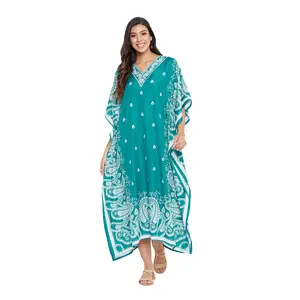 Gypsie Blu Paisley Print Kaftan for Women Polyester Caftan Dress Kimono Sleeve Plus Size Beach Maxi Dresses (Teal Paisley Kaftan) Modesty Muslim Clothing