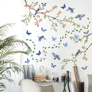 Blue Branch Bird Wall Sticker Set (30x90cm X 2), Decorative Background Wall Decals for Bedroom Living Room Bathroom, M17581