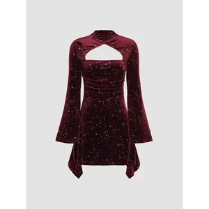 Cider Velvet Star Pattern Bell Sleeve Short Dress