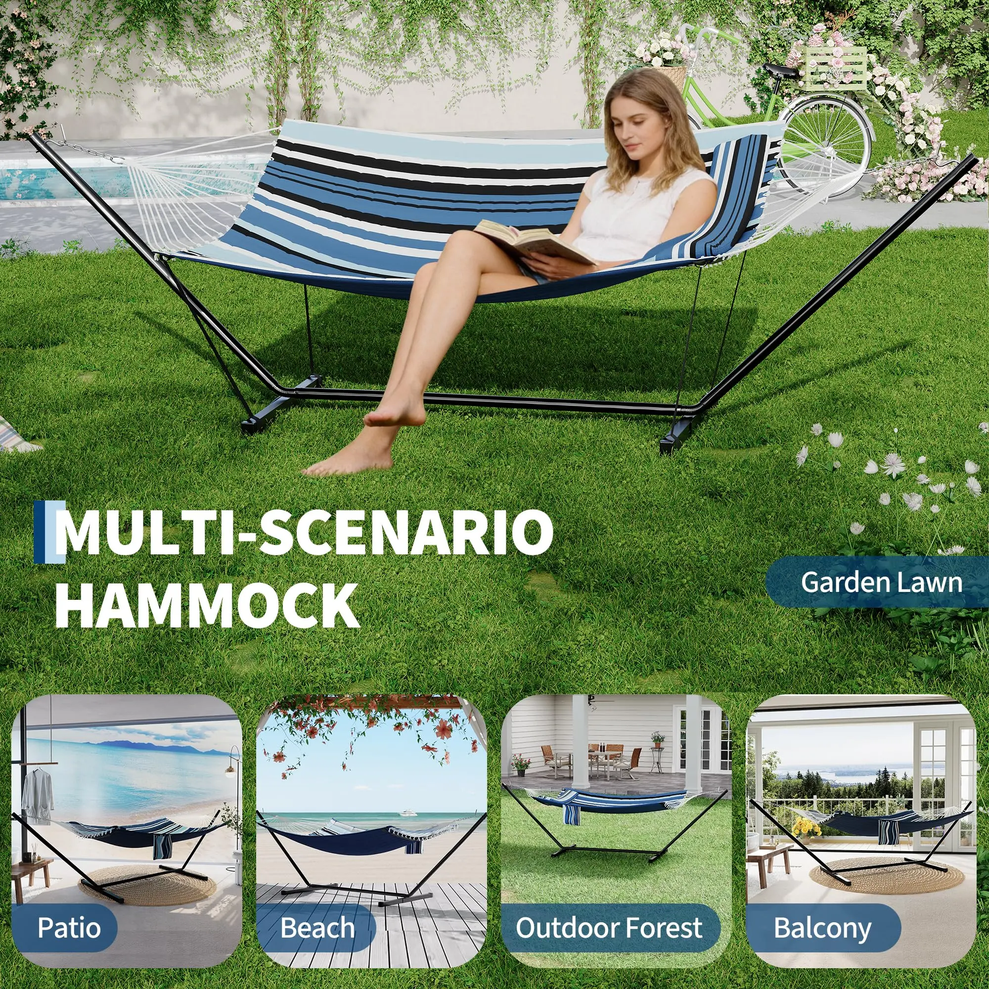Double Hammock with Stand and Pillow, 2 Person Hammock with Stand for Outside, Max 450 Lbs Capacity with Balance Rope, Large Hammock for Outdoor Patio Backyard Poolside