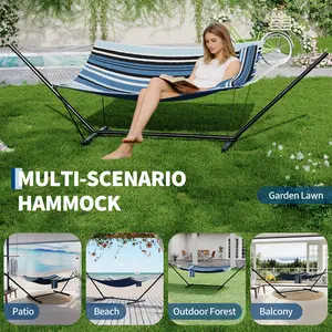 Double Hammock with Stand and Pillow, 2 Person Hammock with Stand for Outside, Max 450 Lbs Capacity with Balance Rope, Large Hammock for Outdoor Patio Backyard Poolside