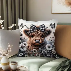 Highland Cow Floral Pattern Pillow Cover, 18x18 Inch, Polyester Fiber, Single-Sided Print, Home Decor for Car, Sofa, Bedroom