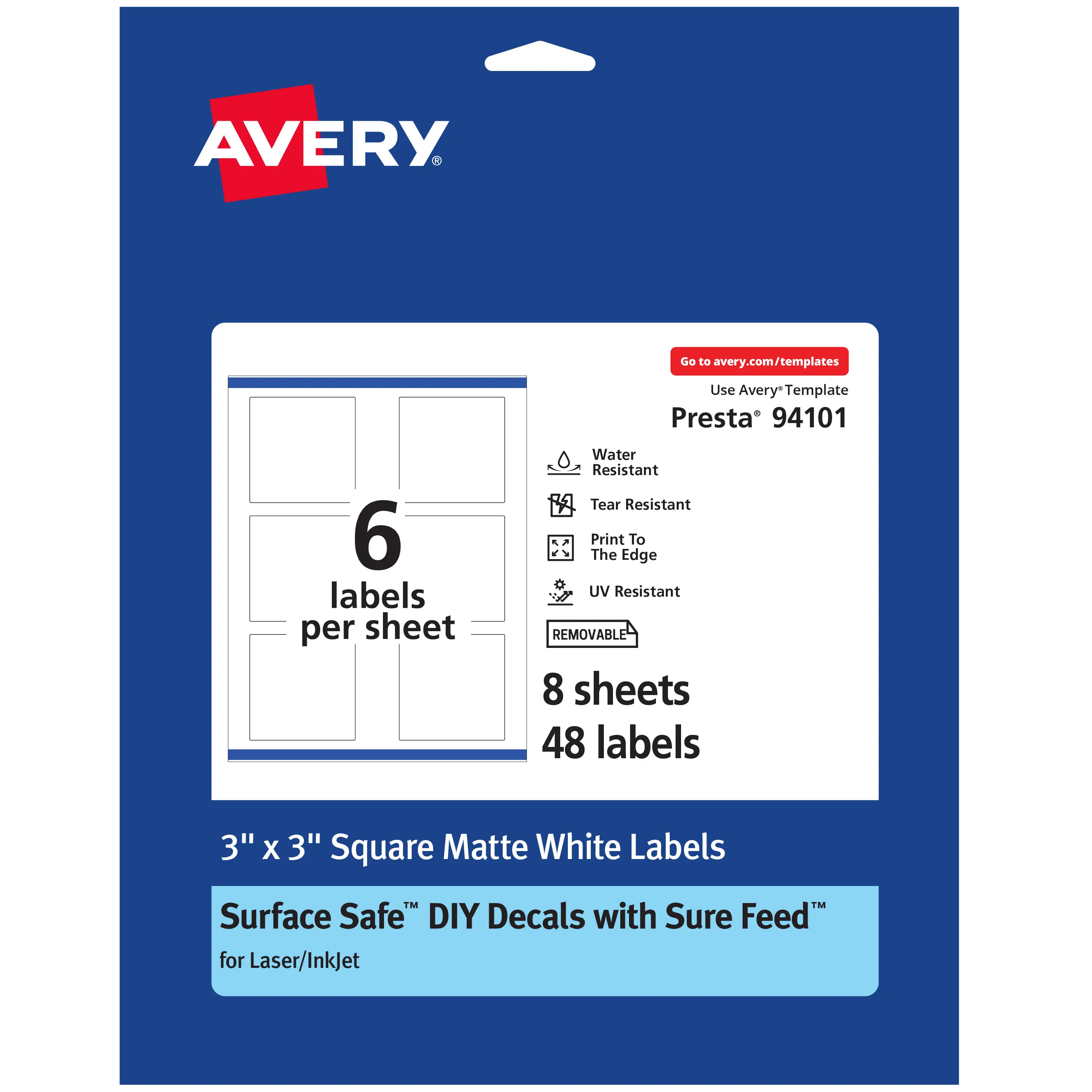Avery Square Labels with Sure Feed, 3" x 3", Self Adhesive Labels, Sticky Labels