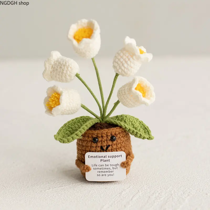 Handmade Crochet Lily of the Valley Emotional Support Plant - Knitted Flower Pot, Positive Quote Card, Decorative Cute Desk Decor, Stress Relief Gift for Cozy Room Vibes