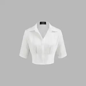 Cider [2 colors, size 2-10] Satin Collar Solid Crop Short Sleeve Shirt