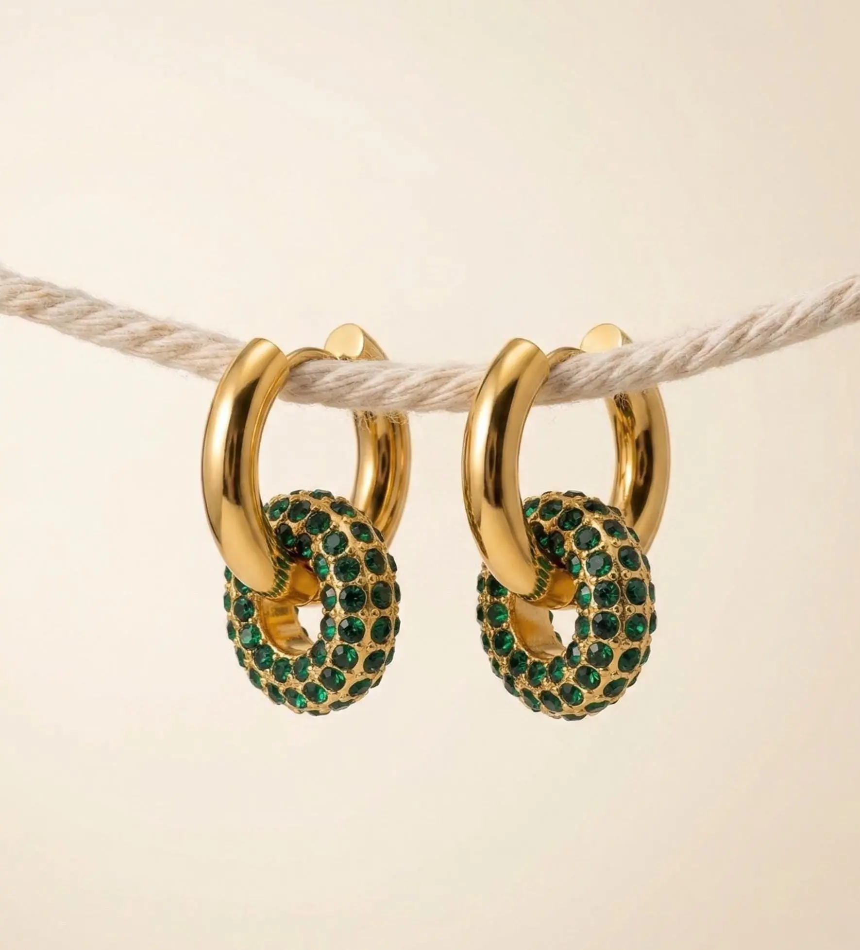 Emerald Pavé Donut Charm Gold Huggie Hoops, Ear Stacking, Emerald Earrings, Everyday Wear & Work-To-Dinner Outfits, Stainless Steel