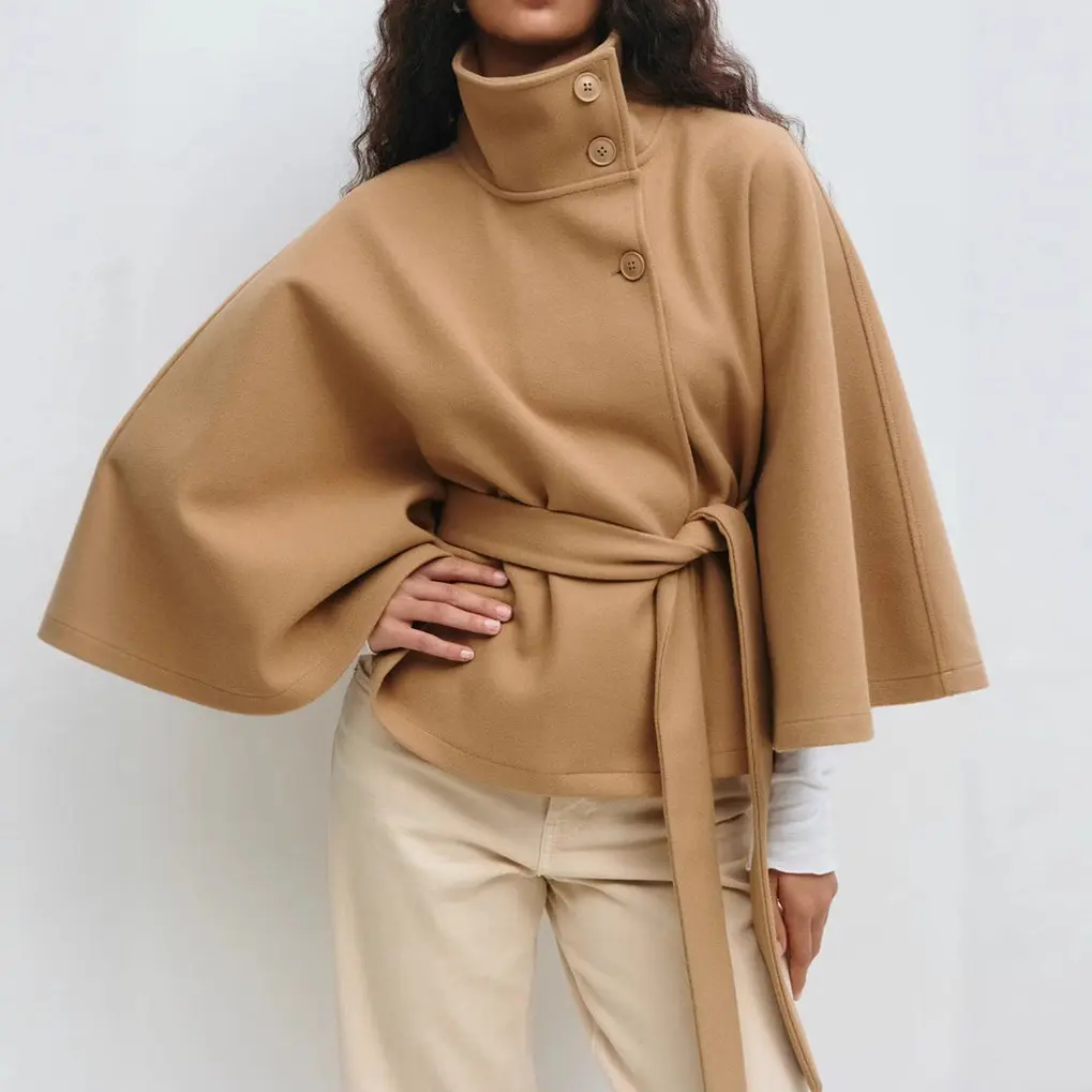 Trench Cape for Lady, Elegant Long Belted Coat with a Stand-Up Collar for Casual Work, Sizes S, M, Cape Tunic