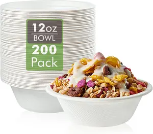 200 Pack 12 OZ Paper Bowls, Disposable Compostable Bowls Bulk,  Bagasse Bowls, Heavy-duty Bowls  for Milk Cereals, Snacks, Salads
