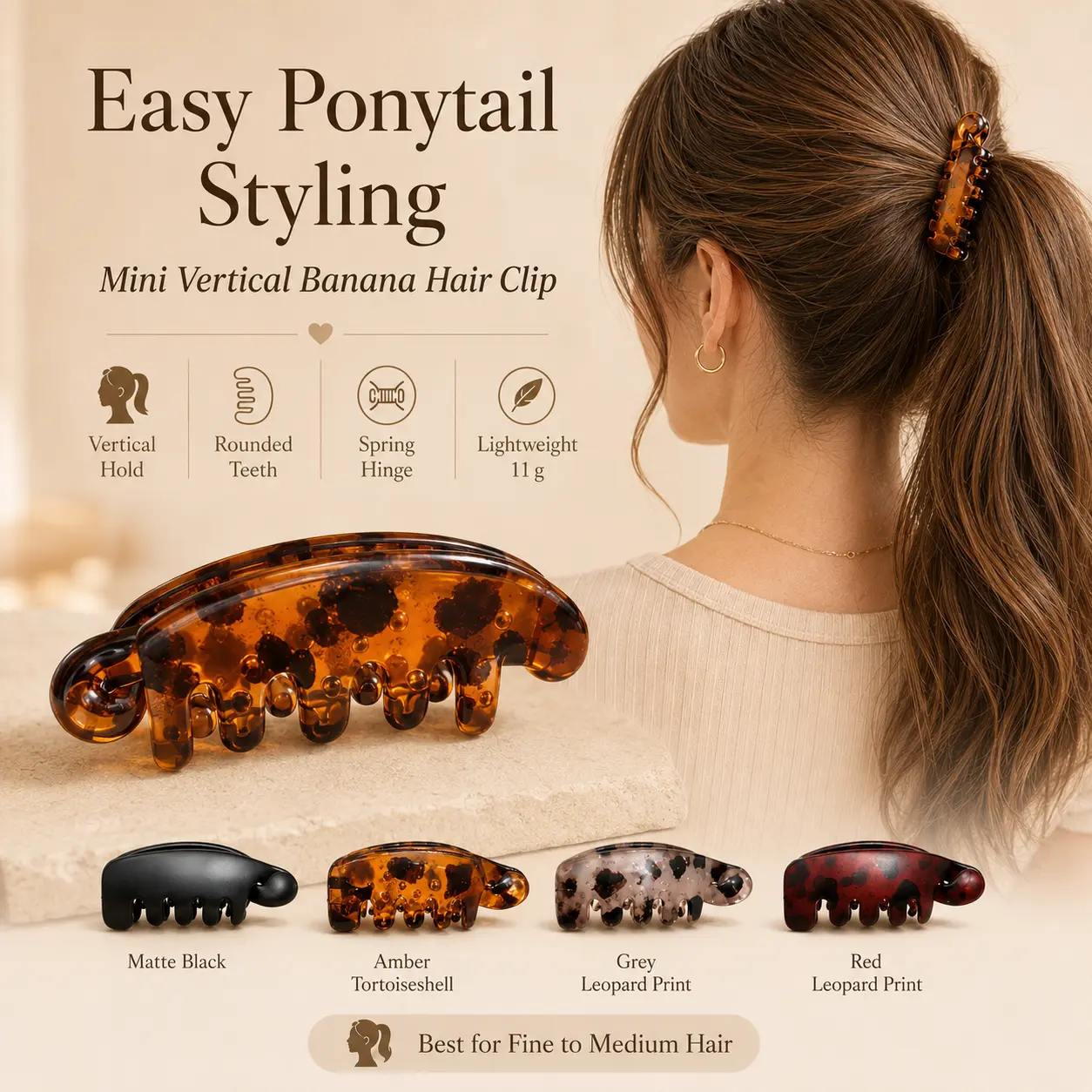 [Dealsforyou] Mini Vertical Banana Hair Clip, 2.91 in Size, Rounded Teeth, Spring Hinge, Lightweight Fashion Hair Accessory