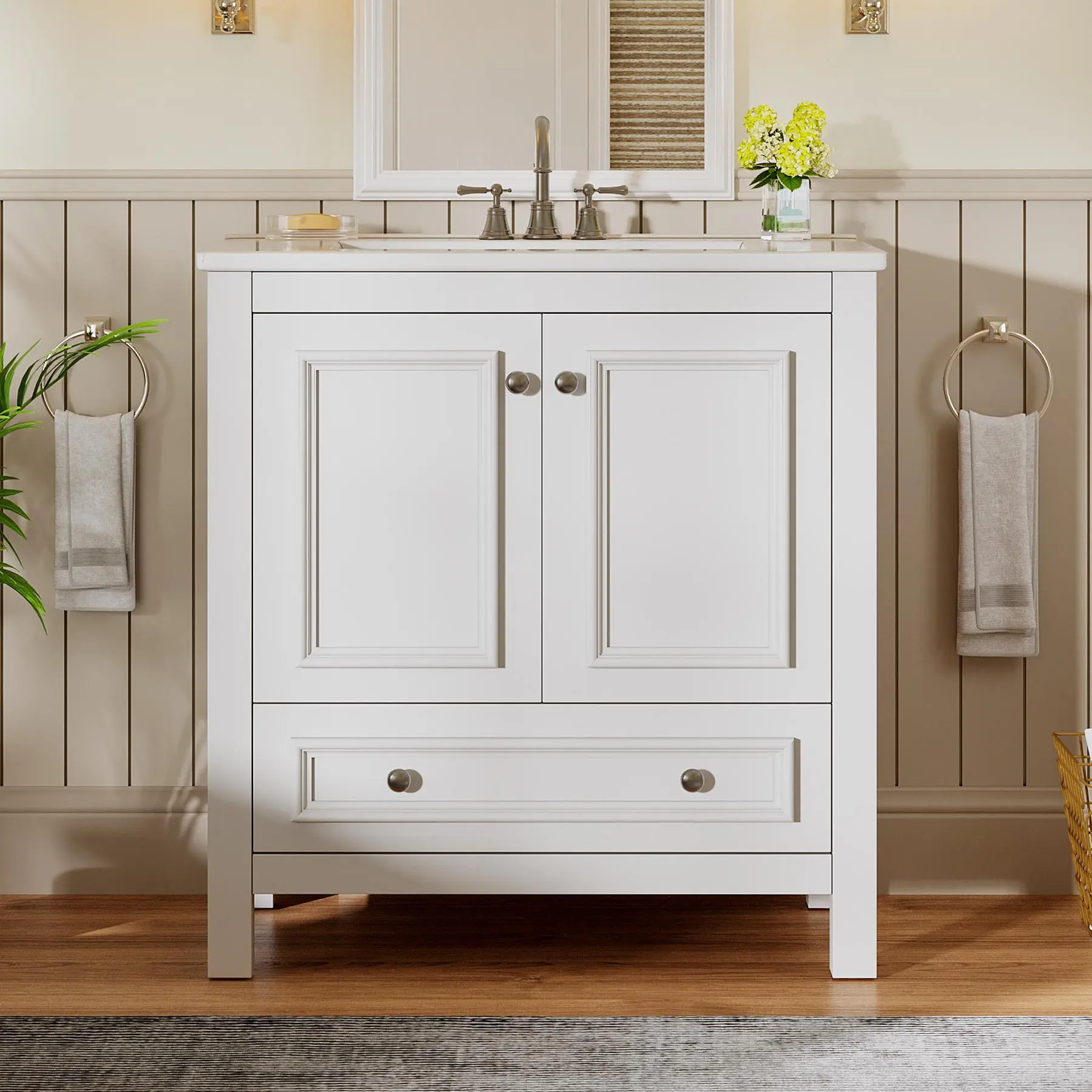 LITTLE TREE 30" Modern Bathroom Vanity with Sink, Freestanding Bathroom Vanities Cabinet with Ceramic Basin Combo, Bathroom Sink Cabinet with 2 Doors and 1 Drawer, Solid Wooden Frame