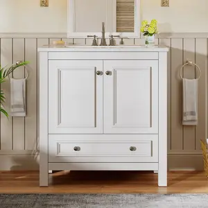 LITTLE TREE 30" Modern Bathroom Vanity with Sink, Freestanding Bathroom Vanities Cabinet with Ceramic Basin Combo, Bathroom Sink Cabinet with 2 Doors and 1 Drawer, Solid Wooden Frame