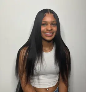 Women's 13x4 Lace Front Wig - 150% Density Blend Human Hair Straight Wig, Natural Black for Voluminous Look, Wigs Human Hair