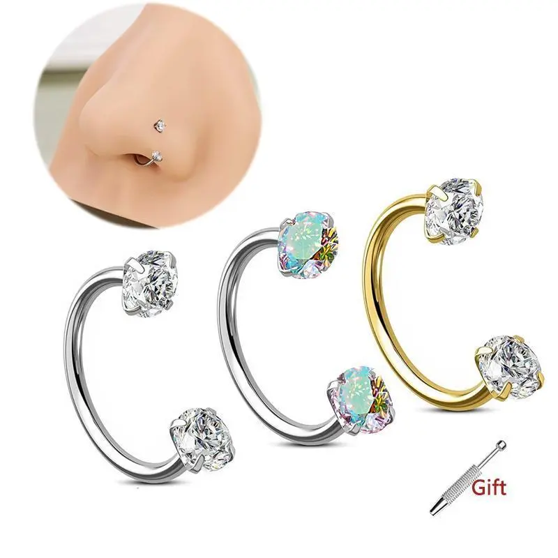 6mm 18G Titanium Horseshoe Nose Ring ( Free Ball Grabber Tool)  Daith Nose Hoop Rook Septum Piercing  for Women Men 9mm gem girl Zircon