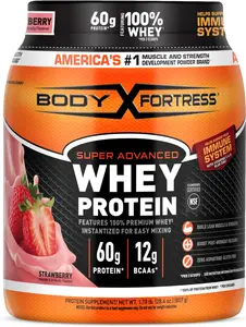 Body Fortress Super Advanced Whey Protein Powder, Strawberry, Immune Support (1), Vitamins C & D Plus Zinc, 1.78 lbs