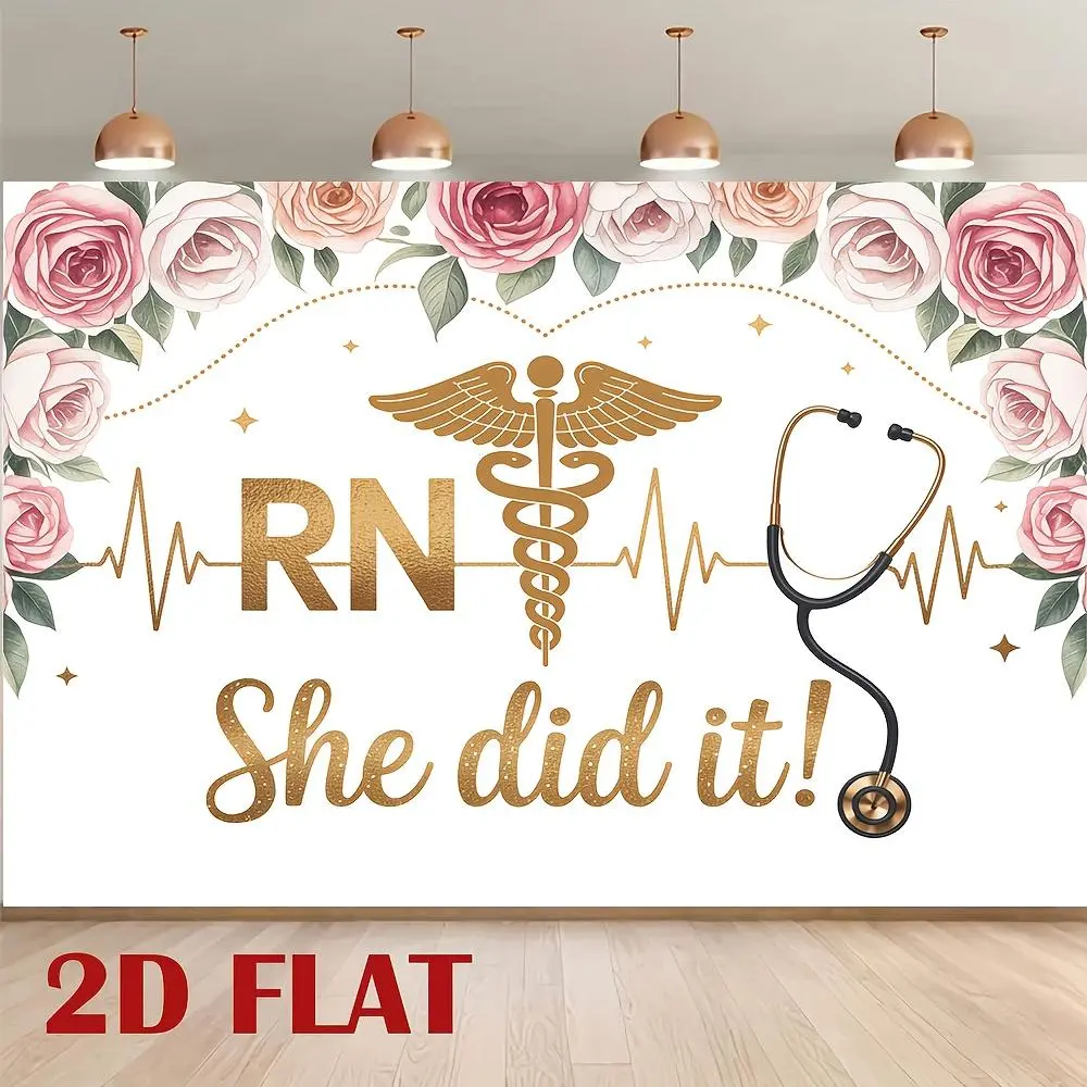 Reusable Flat 2D Polyester Nurse Backdrop Banner - "RN She Did It!" Themed Photo Backdrops, Highlighting Reusability, Ideal for Nurse Birthday Party Decor & Indoor-Outdoor Selfie Walls