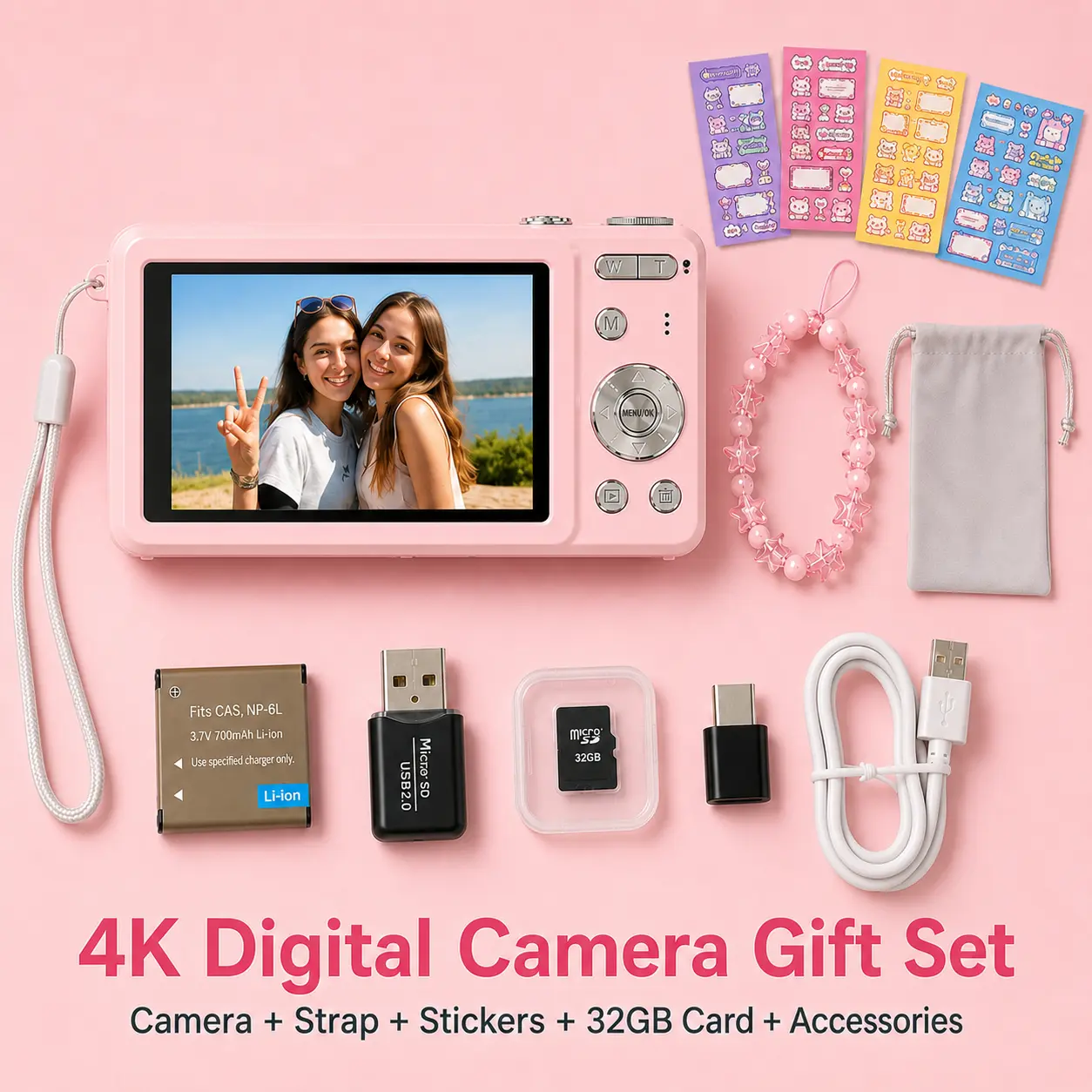 Cute 4K Digital Camera with Slide Cover, CCD-Style Photo & Video Camera for Girls, Includes 4 Sticker Sheets & Bracelet, Perfect Birthday Gift for Girlfriend and Friends