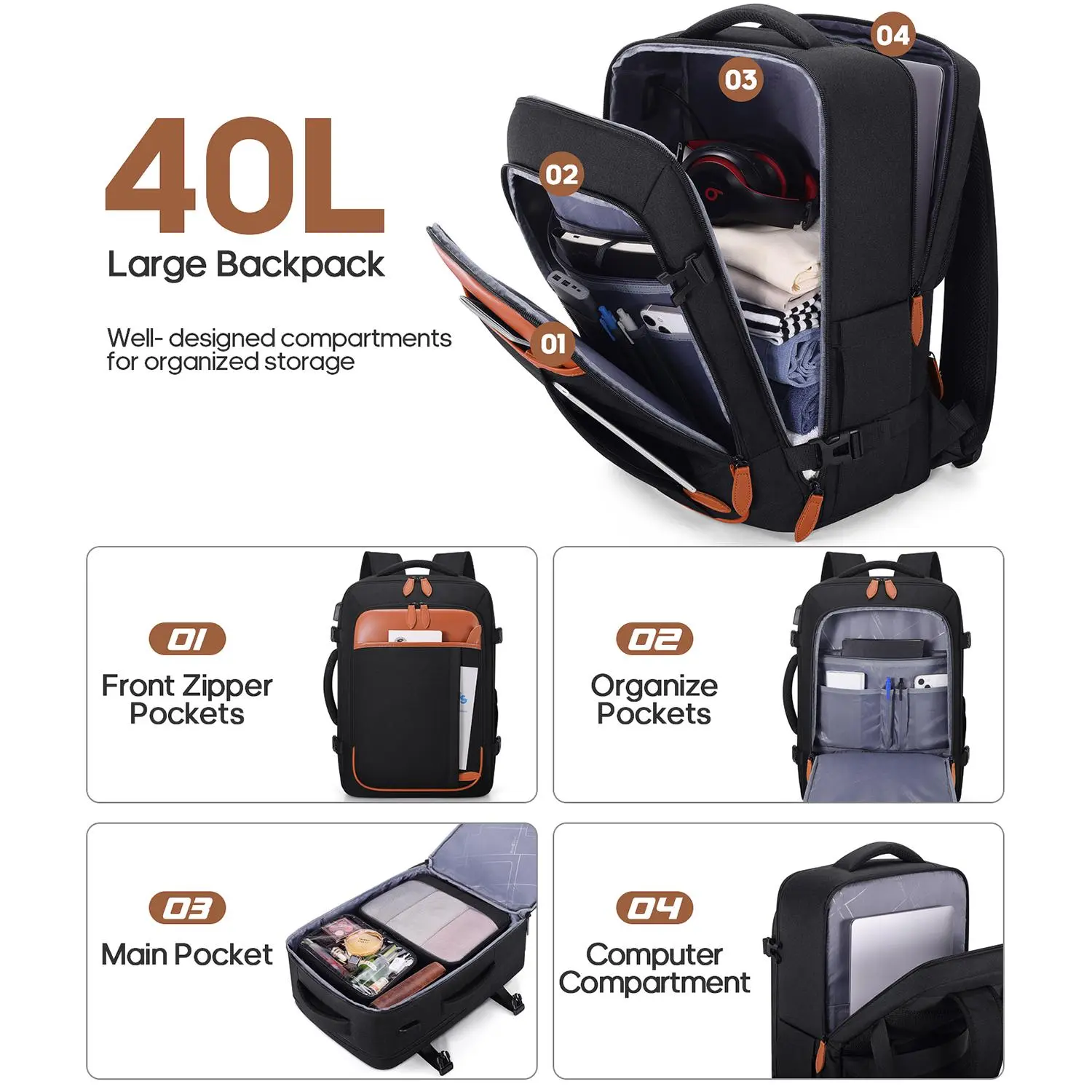 UKEIN 40L Expandable Travel Backpack for Men & Women Airline 
