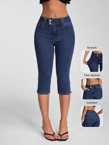 Women's High-Waisted Cool Seven-Quarter Jeans, Dual Button Elastic Fitted Side Slit, Summer Thin Casual Tight Fit Capri Pants