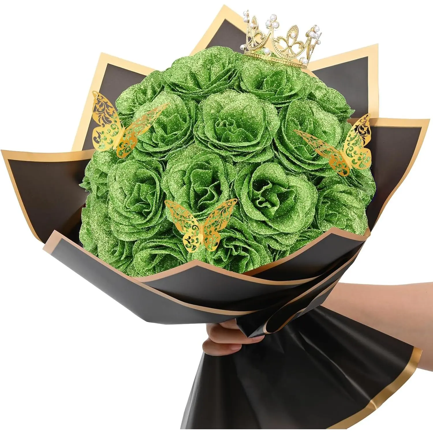 Glitter Roses Bouquet, DIY Green   Bouquet, Artificial Rose Bouquet for Valentines, Anniversary, Engagement, St. Patrick's Day, Mothers Day Gifts, Wedding, 24 Roses