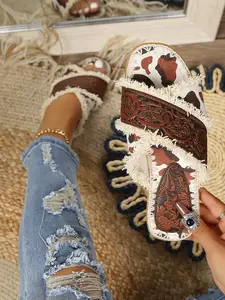 Vintage Floral Western Style Sandals, Cow Print Fuzzy Edge Flip Flops for Women, Casual Beach Shoes, Comfortable Flat Slippers
