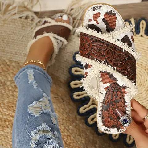 Women's Vintage Floral Sandals, Western Style Cow Print Fuzzy Edge Comfortable Flat Slippers, Casual Beach Shoes, Flat Slides Sandals, Footwear Slide, Pu Leather Slides