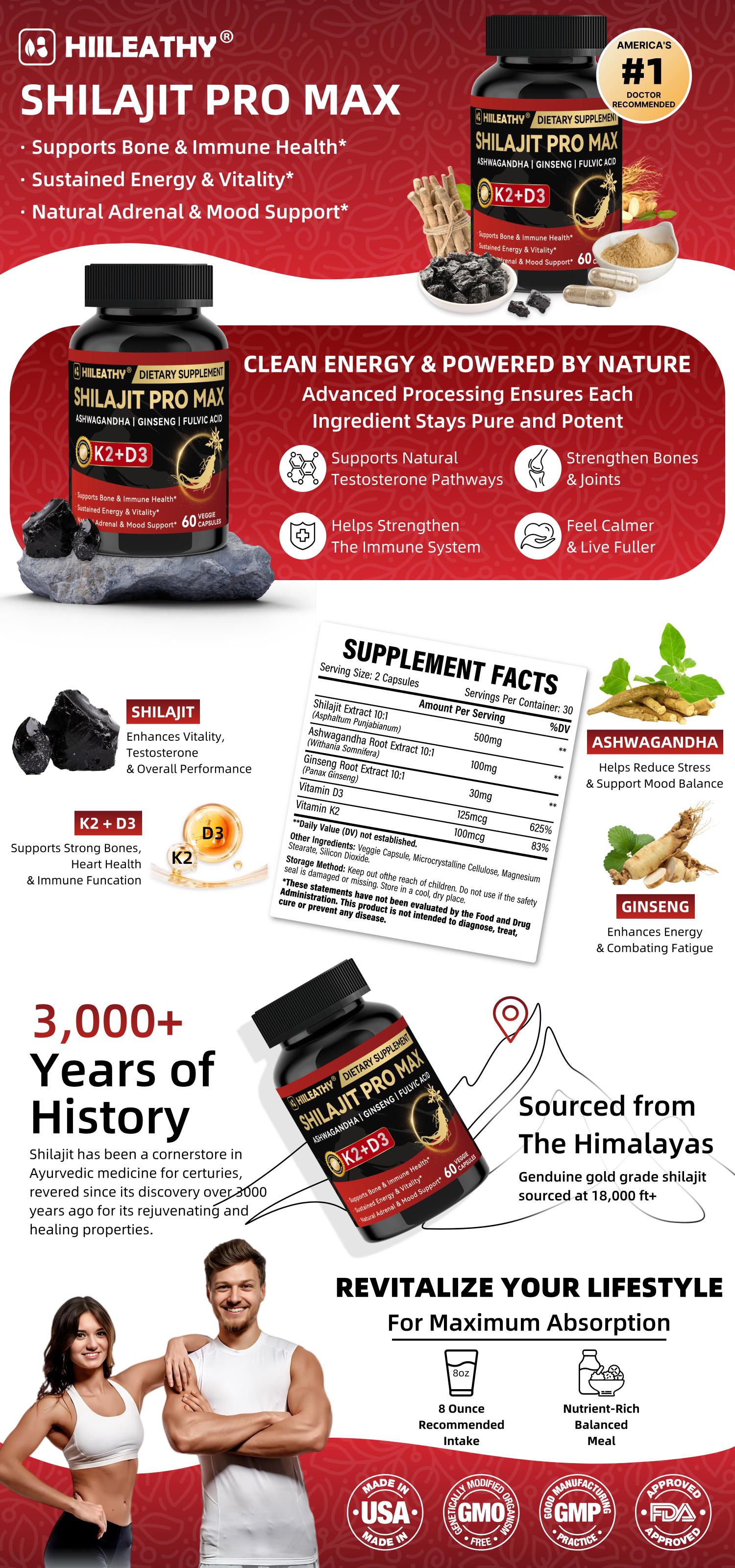 HIILEATHY Optimal Shilajit PRO MAX with K2 & D3 - 60 Capsules - Premium Fulvic Acid & 84+ Minerals for Immune Support Energy & Anti-Aging USA Made