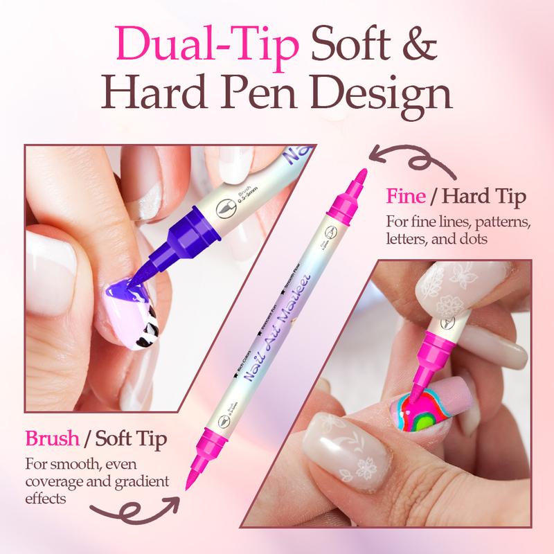 Double-Ended Nail Art Pens Set, Nail Polish Pens for Nail Art, Dual Tip, Nail Dotting Tool, Drawing Pen for Nail Design, Manicure Nail Pens for Salon and DIY at Home