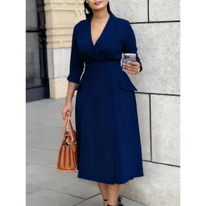 2025 Autumn and Winter New Long Sleeve Suit Collar Double-Breasted Mid-Length Dress D605 Women's Clothing