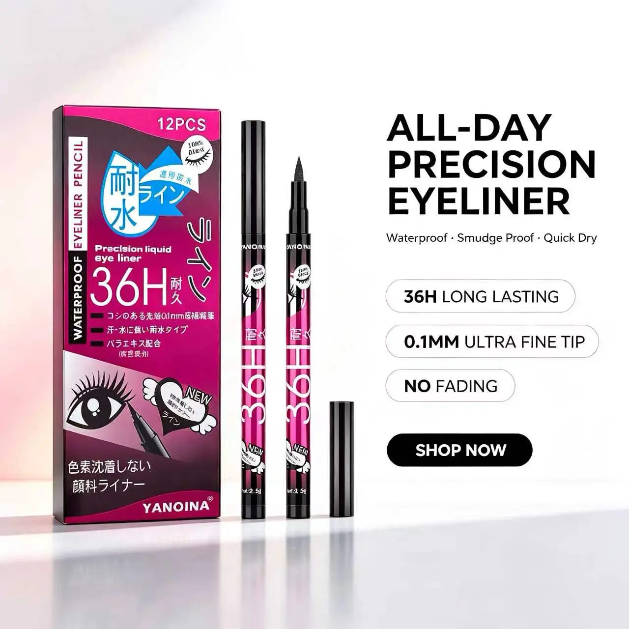 Yanqina Waterproof Liquid Eyeliner Pen - 36H Long-Lasting, Smudge-Proof, Precision Fine Tip, for Daily & Cosplay Makeup, All Skin Types Black, Brown