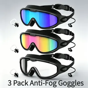 Swim Goggles 3 Pack - Wide View Anti-Fog & UV, No Leaking Swim Glasses for Men, Women Swimming  with Nose Clip for Adults and Teens, Leak-Proof Outdoor Swimming Goggles, Comfortable and Stylish for Pool, Beach and Open Water Swimming Accessories