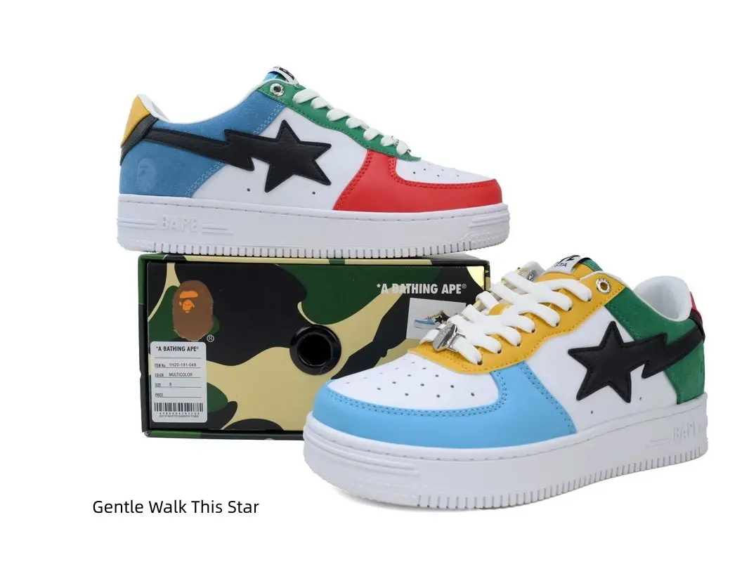 Striking multi color patchwork smooth leather low top flats with black star logo! Fun hip hop color block sneakers for streetwear#LeatherSneakers #StarLogoShoes #HipHopStreetFootwear