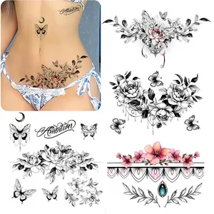 Women Sexy Temporary Tattoo Sexy Tattoo Set Beautiful Exquisite 3D Realistic Flowers, Butterfly, Abdominate, Chest, Waist and Back Applied Fake Tattoo for Girls ((Design 3))