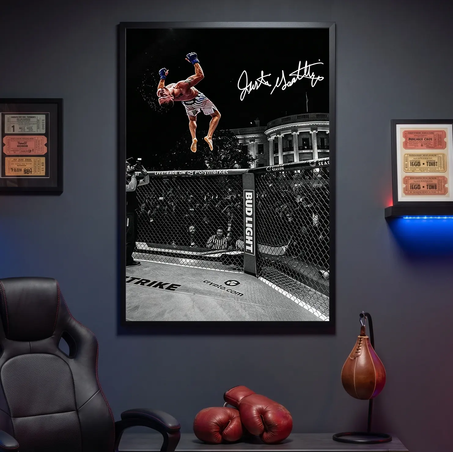 Justin Gaethje Framed Boxing Print Set - Black Signature Canvas Wall Art with Acrylic Glass, UV Resistant Minimalist Home Decor for Man Cave, Bathroom, Classic "White House Backflip" Celebration Gift