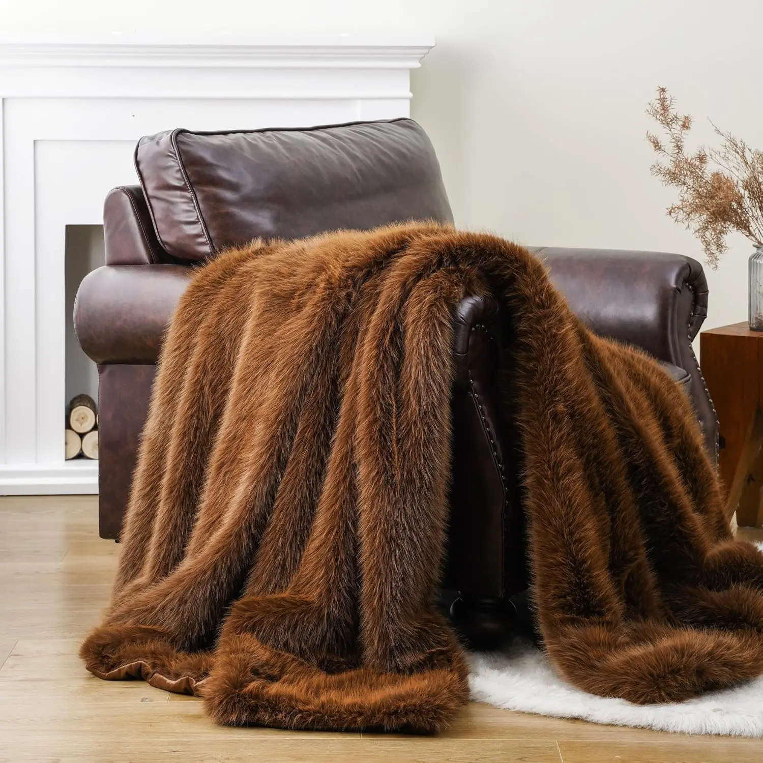 Luxury Fluffy Faux  Throw Blanket, Golden Brown Faux  Blanket for Couch, Sofa, Chair, Bed, Furry Silky  Throws with Long Pile, 50"x60"