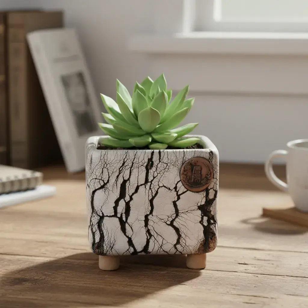 Handmade Ceramic Succulent Planter with Legs – Mini Cracked Yellow Clay Bonsai Pot for Cactus & Small Plants, Breathable Indoor Flower Pot for Desk, Shelf & Home Decor, Rustic Gift for Plant Lovers