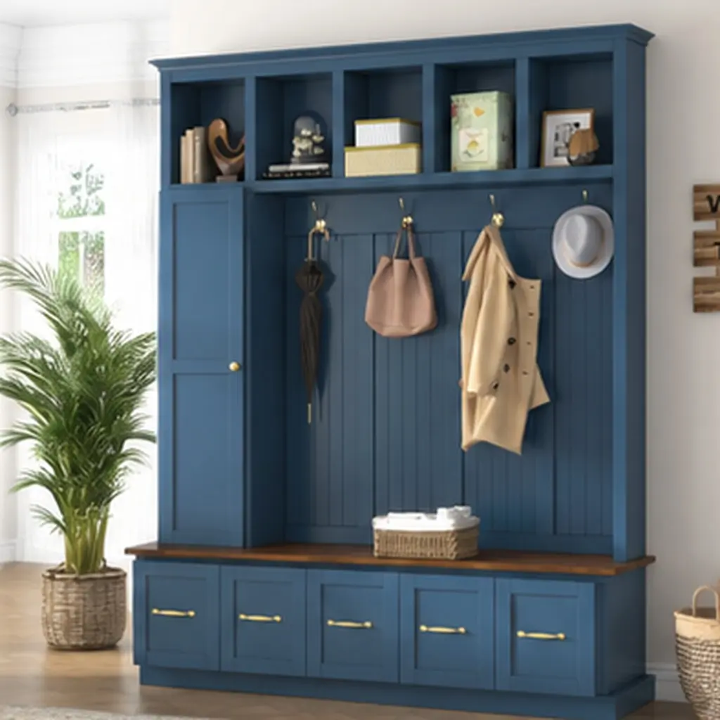 Navy Blue Hall Tree with Bench, Coat Hooks, and Drawer Storage Cabinet, Entryway Furniture with Shoe Bench, Open Cubbies, and Deep Drawers, Particle Board and MDF, 15.7"W x 59.2"D x 78.7"H, for Mudroom, Foyer, and Hallway Organization