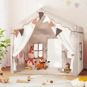 Kids Tent Playhouse with LED Star Light & Padded Mat, Large Indoor Playhouse for Boys & Girls, Play Tent for Kids Ages 3, Yellow, Pink, Beige