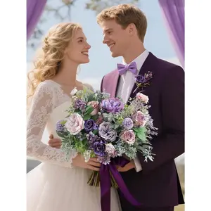 Artificial Flowers Combo Purple Fake Roses Silk Flowers with Stems for DIY Wedding Bridal Bouquets Floral Arrangement Table Centerpieces Cake Birthday Wreath Baby Shower Graduation Home Decor