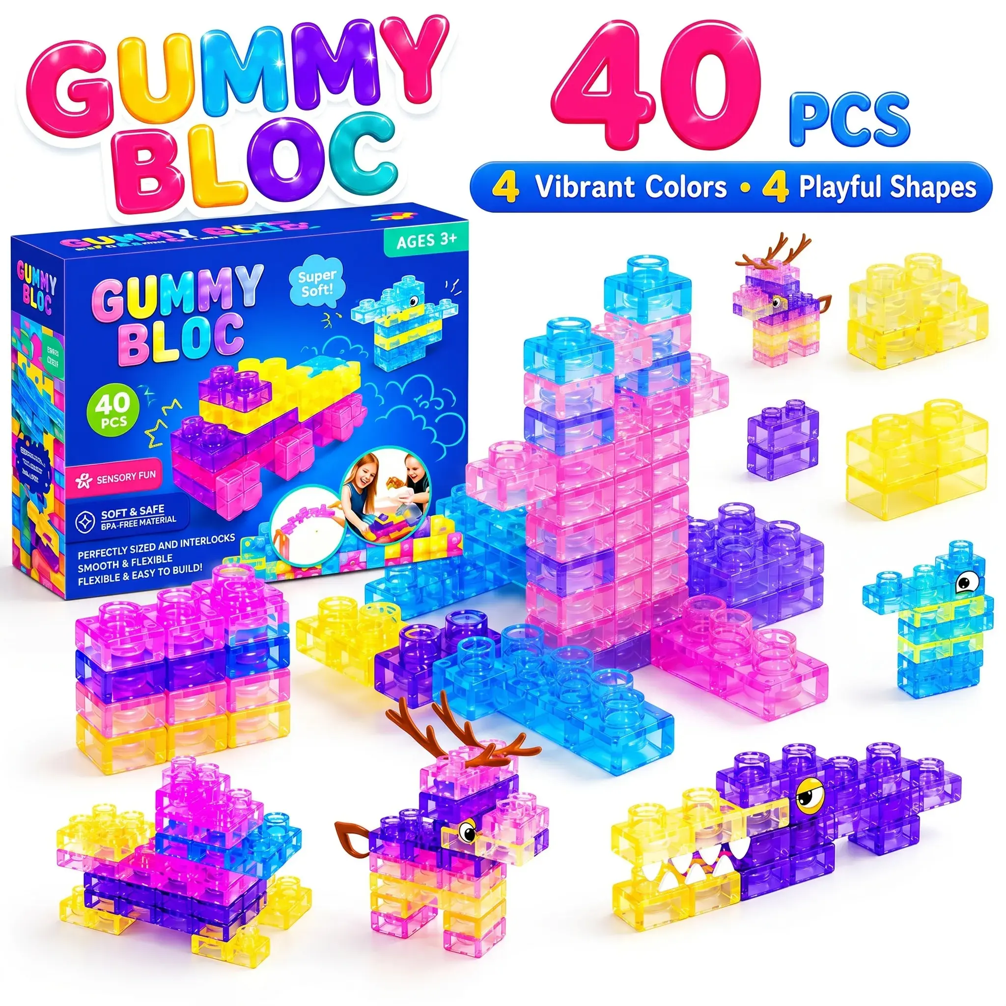 Gigilli 40 PCS Soft Building Blocks for Toddlers 1-3 — Squishy Sensory Stacking Toys, Montessori STEM Construction Set, Squeezable & Stretchable, Safe Rubber Blocks for Creative Play, Ages 3+